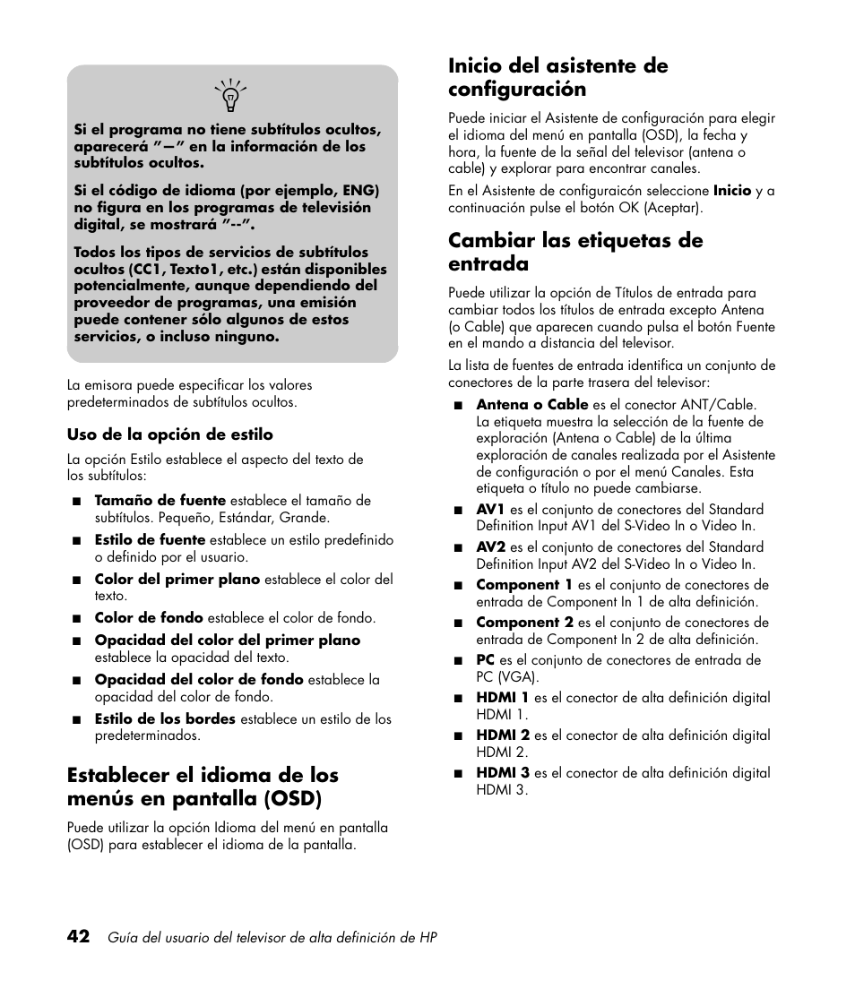 Inicio del asistente de configuración, Cambiar las etiquetas de entrada | HP PL4272N User Manual | Page 184 / 198