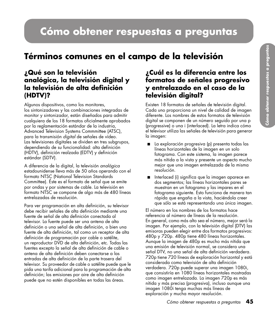 Cómo obtener respuestas a preguntas, Términos comunes en el campo de la televisión | HP PL4272N User Manual | Page 187 / 198