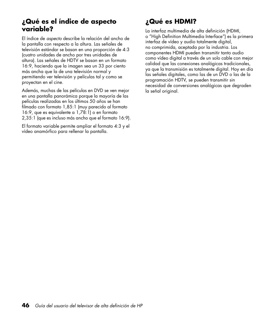 Qué es el índice de aspecto variable, Qué es hdmi, Qué es el índice de aspecto variable? ¿qué es hdmi | HP PL4272N User Manual | Page 188 / 198
