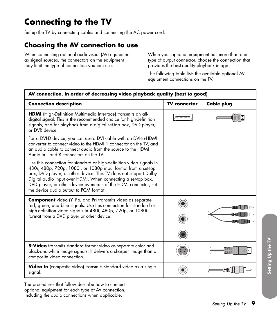 Connecting to the tv, Choosing the av connection to use | HP PL4272N User Manual | Page 19 / 198