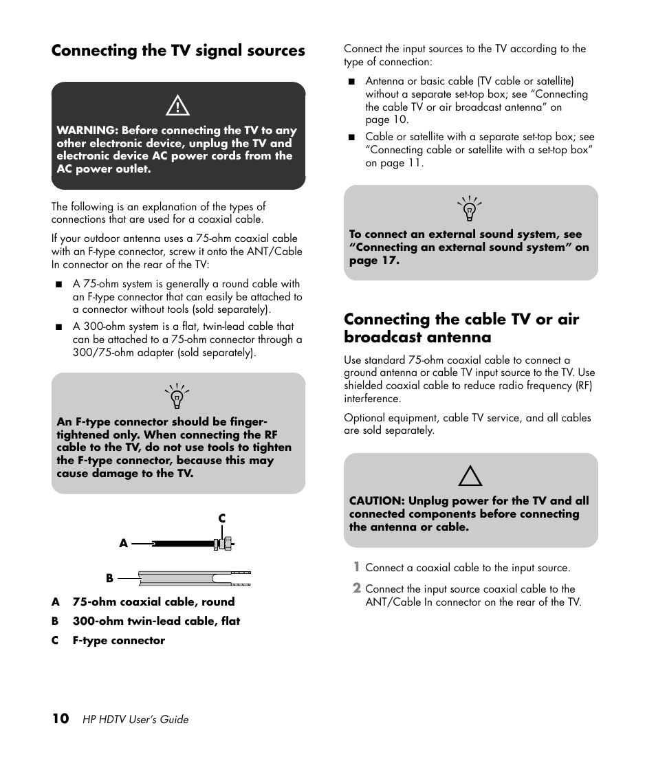 Connecting the tv signal sources, Connecting the cable tv or air broadcast antenna | HP PL4272N User Manual | Page 20 / 198