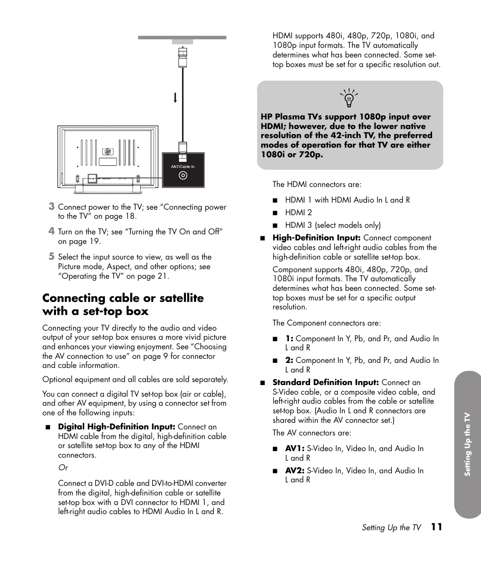Connecting cable or satellite with a set-top box | HP PL4272N User Manual | Page 21 / 198