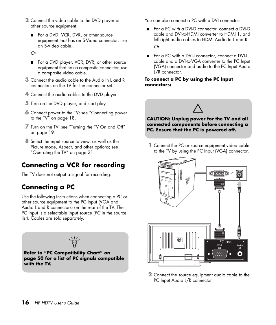 Connecting a vcr for recording, Connecting a pc, Connecting a vcr for recording connecting a pc | HP PL4272N User Manual | Page 26 / 198