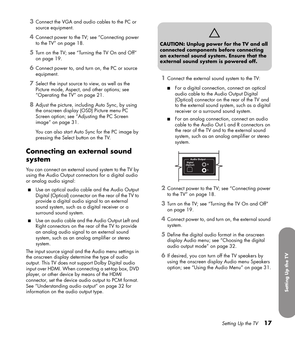 Connecting an external sound system | HP PL4272N User Manual | Page 27 / 198