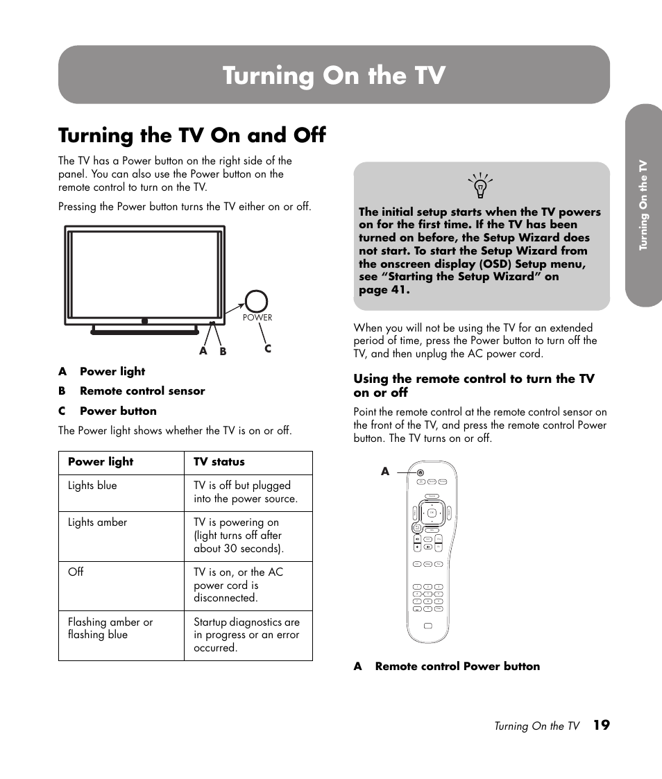 Turning on the tv, Turning the tv on and off, Using the remote control to turn the tv on or off | Sap mts | HP PL4272N User Manual | Page 29 / 198