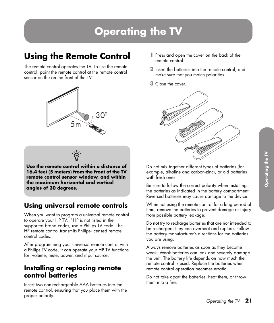 Operating the tv, Using the remote control, Using universal remote controls | Installing or replacing remote control batteries, 5m 30º | HP PL4272N User Manual | Page 31 / 198
