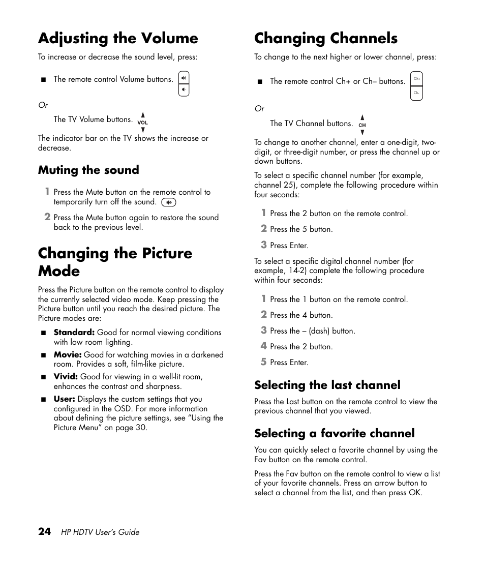 Adjusting the volume, Muting the sound, Changing the picture mode | Changing channels, Selecting the last channel, Selecting a favorite channel, Changing the picture mode changing channels | HP PL4272N User Manual | Page 34 / 198