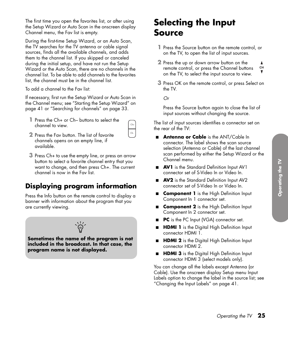 Displaying program information, Selecting the input source | HP PL4272N User Manual | Page 35 / 198