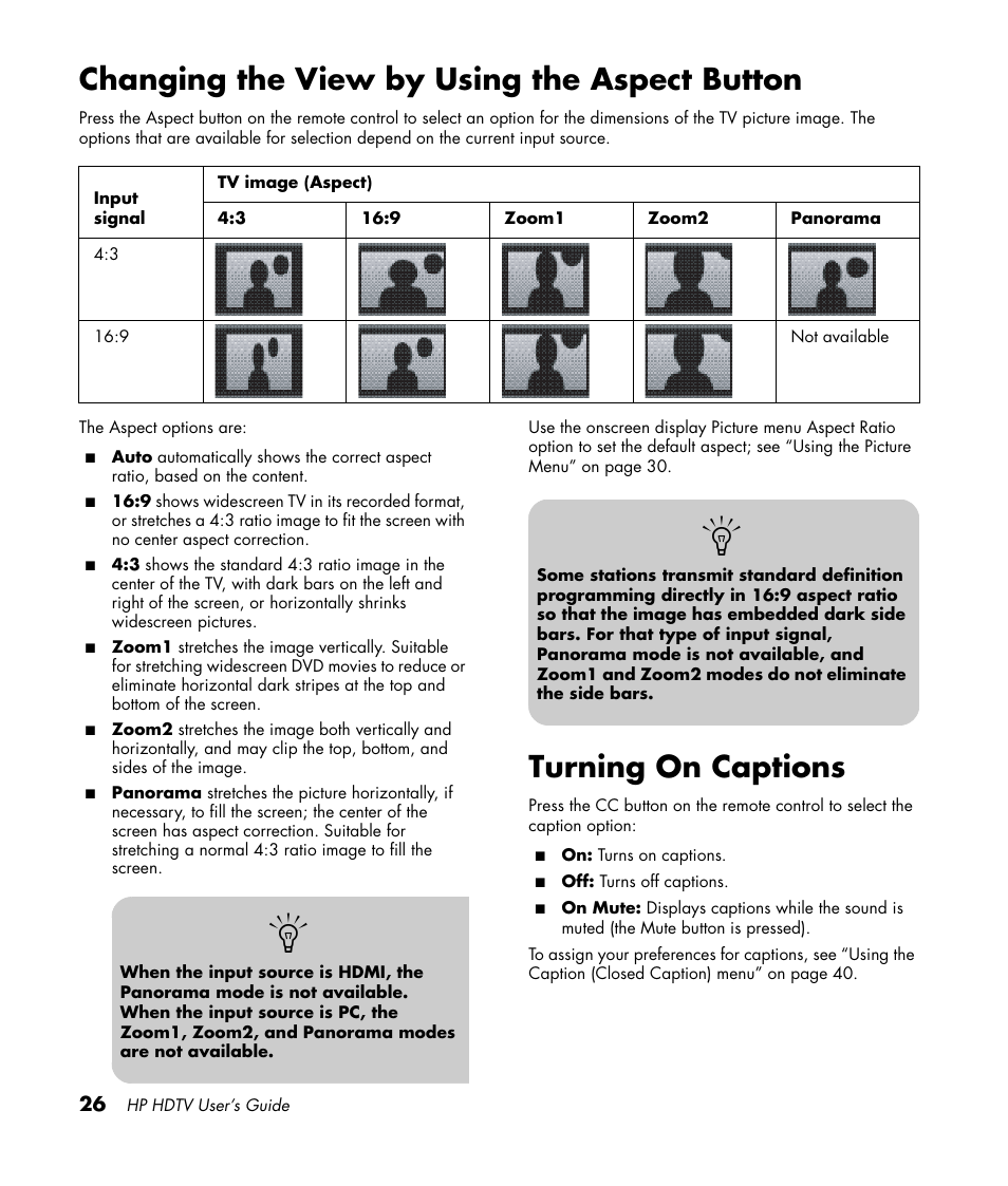 Changing the view by using the aspect button, Turning on captions | HP PL4272N User Manual | Page 36 / 198