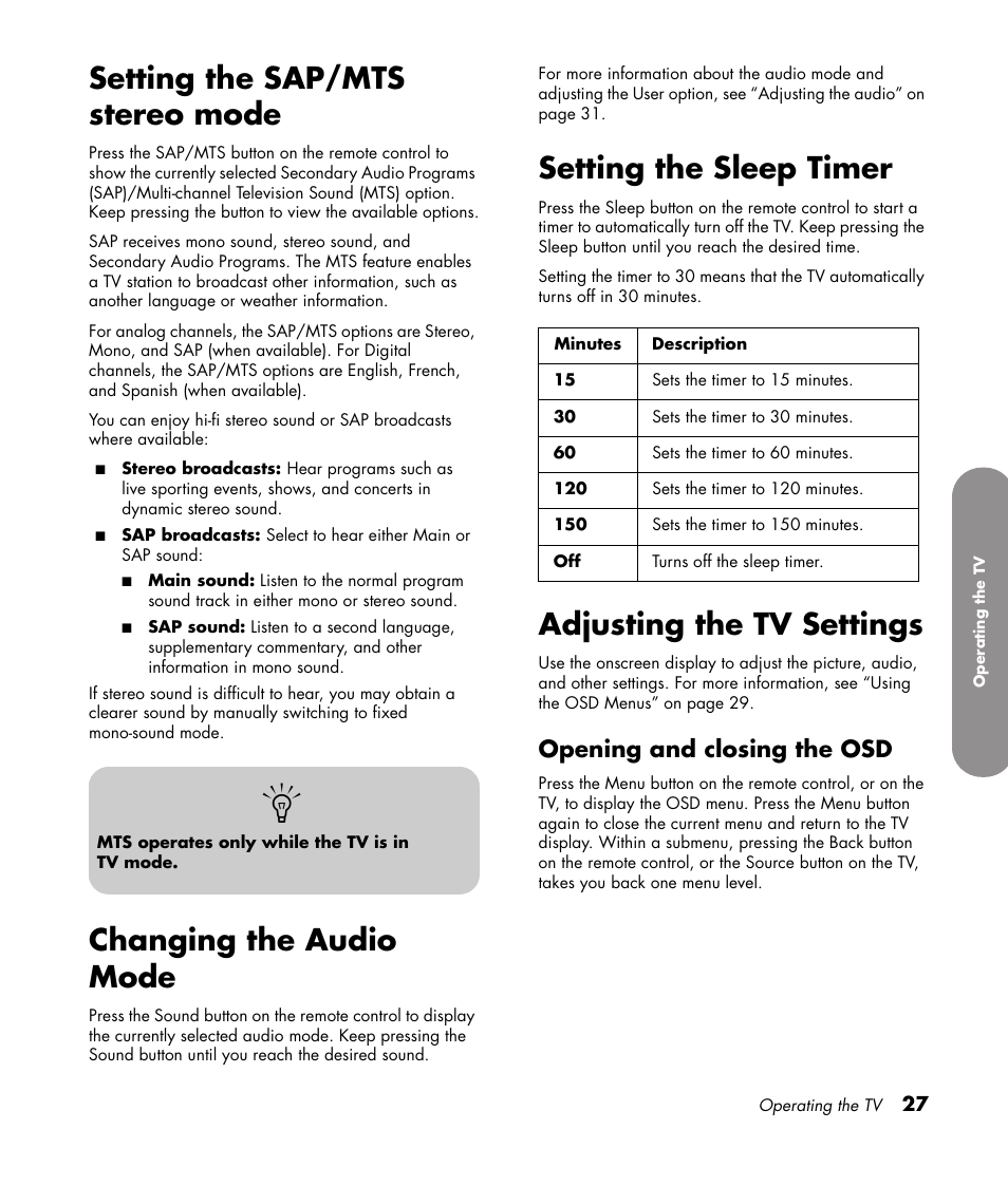Setting the sap/mts stereo mode, Changing the audio mode, Setting the sleep timer | Adjusting the tv settings, Opening and closing the osd | HP PL4272N User Manual | Page 37 / 198