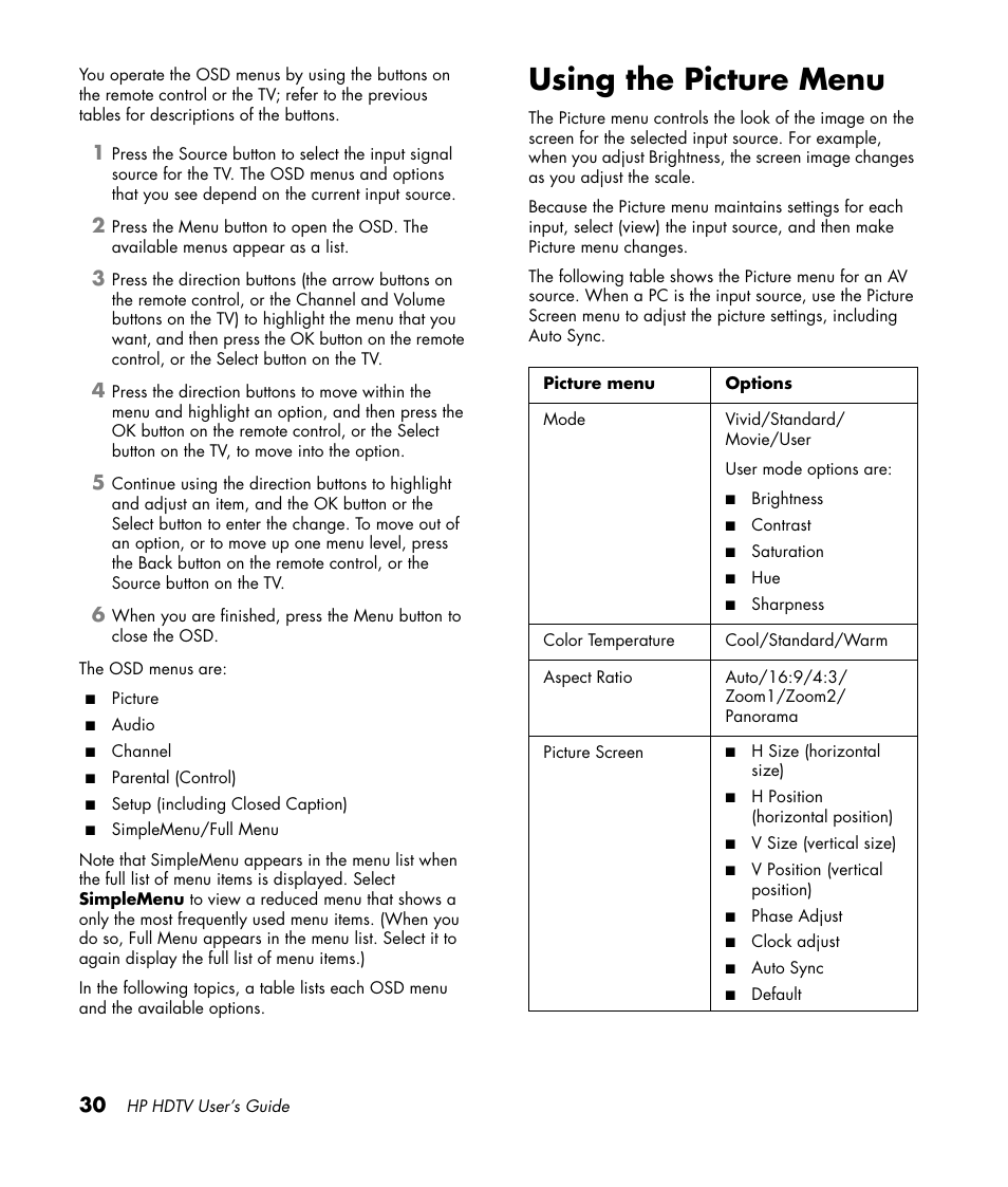 Using the picture menu | HP PL4272N User Manual | Page 40 / 198