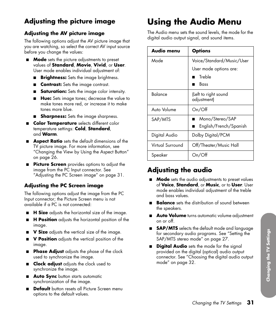 Adjusting the picture image, Using the audio menu, Adjusting the audio | HP PL4272N User Manual | Page 41 / 198