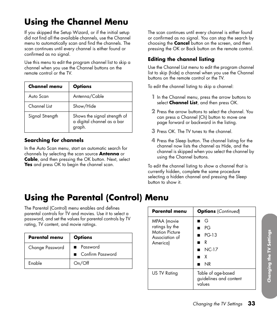 Using the channel menu, Using the parental (control) menu | HP PL4272N User Manual | Page 43 / 198