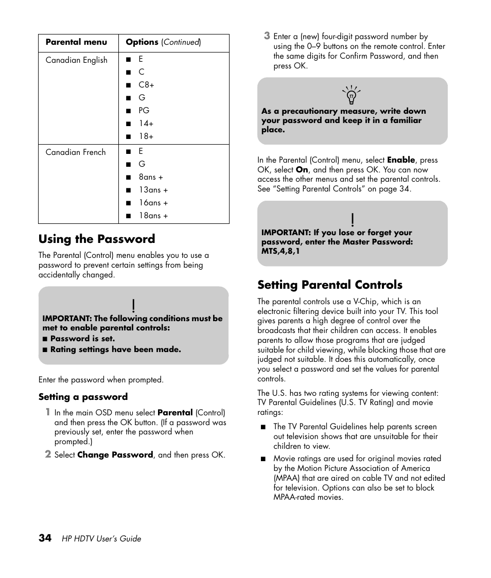 Using the password, Setting parental controls, Using the password setting parental controls | HP PL4272N User Manual | Page 44 / 198