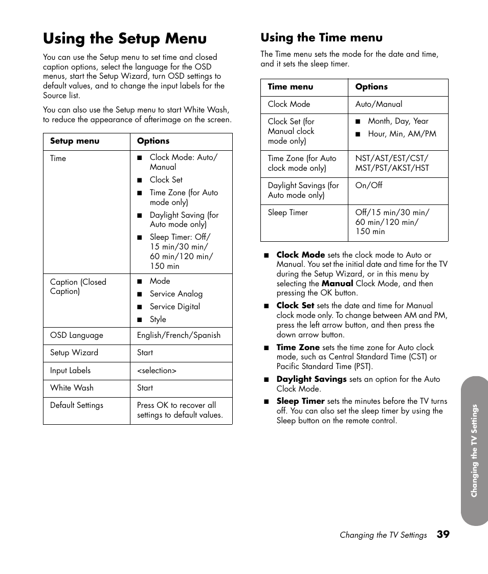 Using the setup menu, Using the time menu | HP PL4272N User Manual | Page 49 / 198