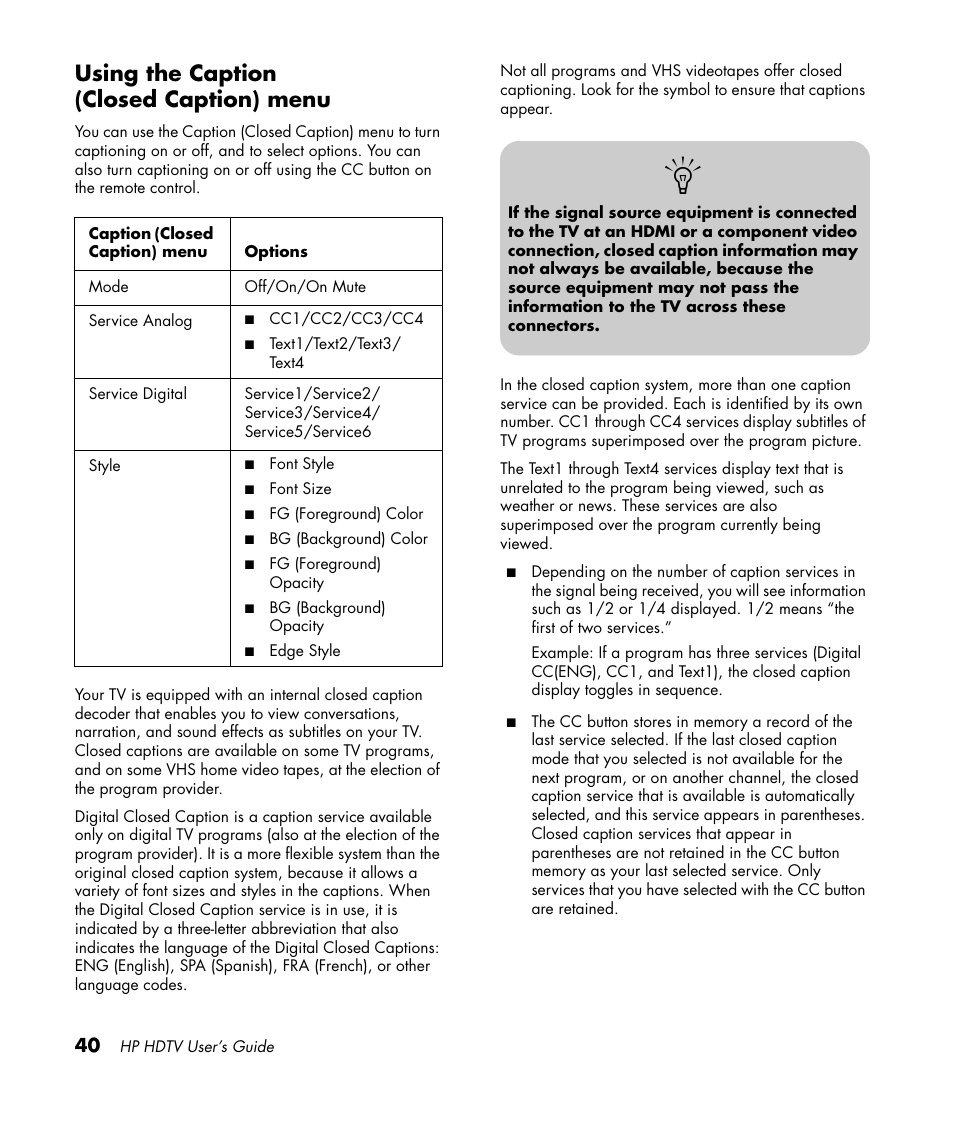 Using the caption (closed caption) menu | HP PL4272N User Manual | Page 50 / 198