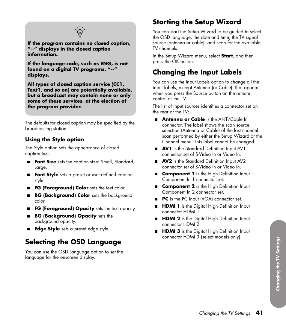 Selecting the osd language, Starting the setup wizard, Changing the input labels | HP PL4272N User Manual | Page 51 / 198