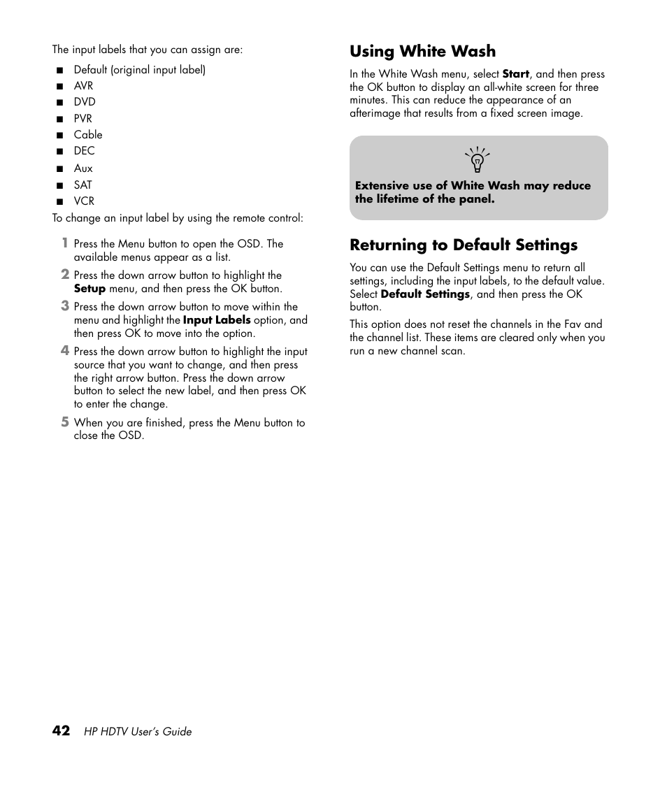 Using white wash, Returning to default settings, Using white wash returning to default settings | HP PL4272N User Manual | Page 52 / 198