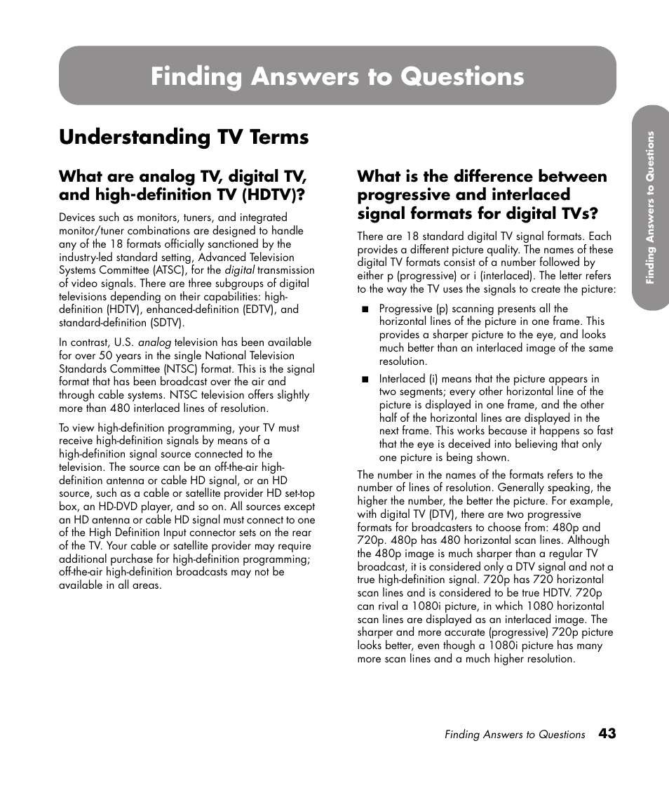 Finding answers to questions, Understanding tv terms | HP PL4272N User Manual | Page 53 / 198