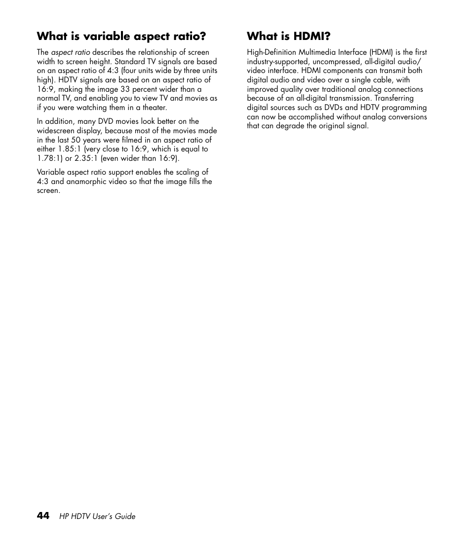 What is variable aspect ratio, What is hdmi, What is variable aspect ratio? what is hdmi | HP PL4272N User Manual | Page 54 / 198