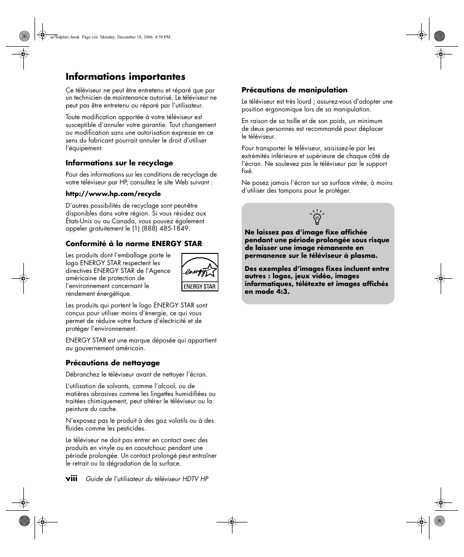 Informations importantes | HP PL4272N User Manual | Page 72 / 198