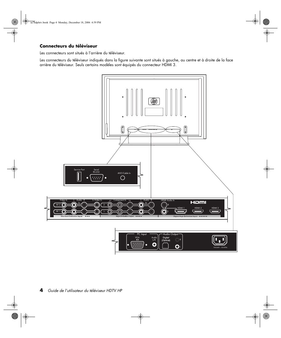 Connecteurs du téléviseur, Guide de l’utilisateur du téléviseur hdtv hp | HP PL4272N User Manual | Page 78 / 198