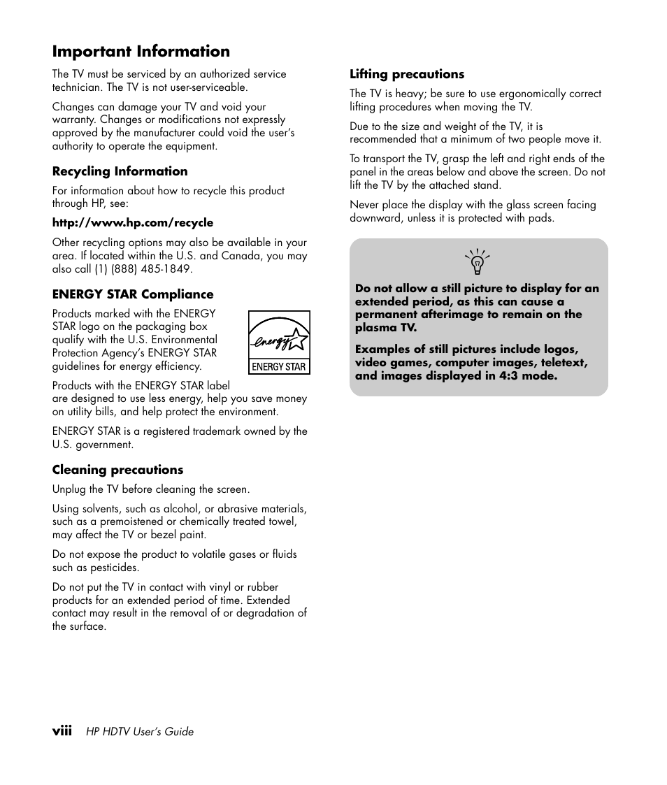 Important information | HP PL4272N User Manual | Page 8 / 198