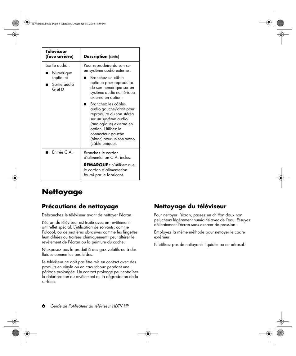 Nettoyage, Précautions de nettoyage, Nettoyage du téléviseur | Précautions de nettoyage nettoyage du téléviseur | HP PL4272N User Manual | Page 80 / 198