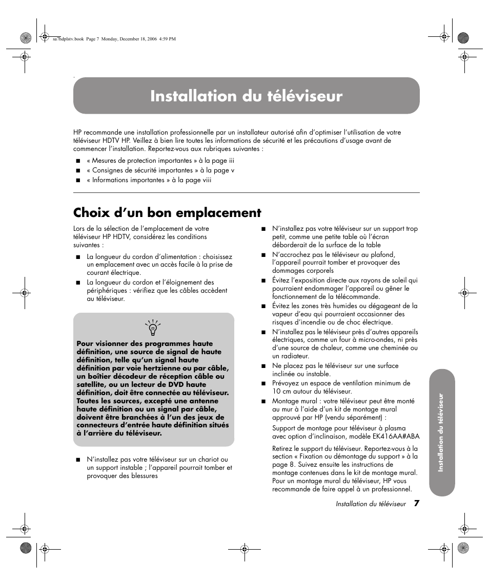 Installation du téléviseur, Choix d’un bon emplacement | HP PL4272N User Manual | Page 81 / 198