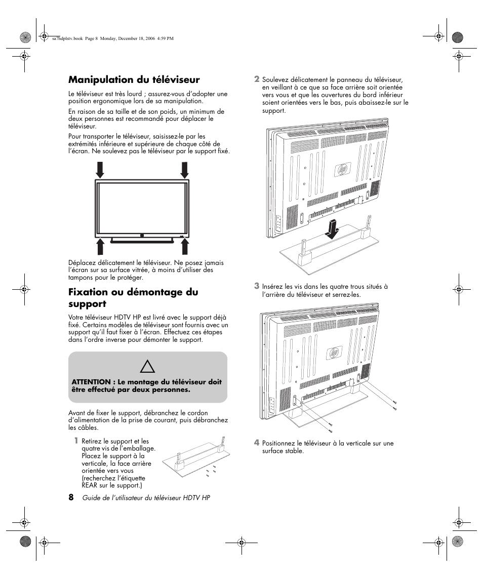 Manipulation du téléviseur, Fixation ou démontage du support | HP PL4272N User Manual | Page 82 / 198