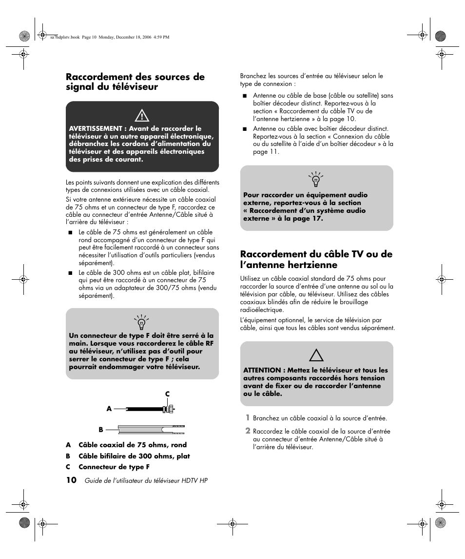 Raccordement des sources de signal du téléviseur | HP PL4272N User Manual | Page 84 / 198