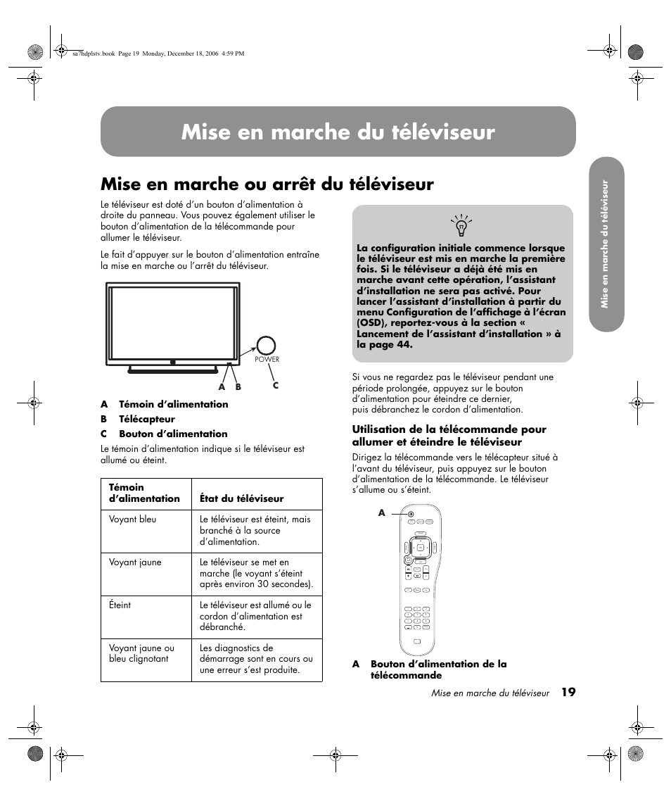 Mise en marche du téléviseur, Mise en marche ou arrêt du téléviseur, Sap mts | HP PL4272N User Manual | Page 93 / 198
