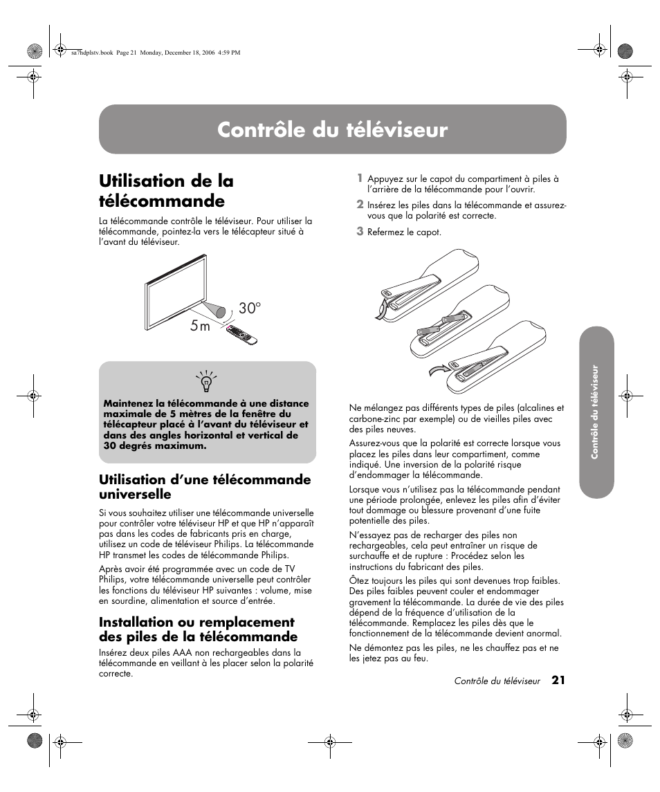 Contrôle du téléviseur, Utilisation de la télécommande, Utilisation d’une télécommande universelle | 5m 30º | HP PL4272N User Manual | Page 95 / 198