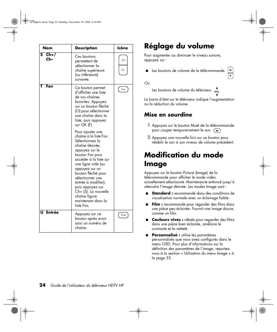 Réglage du volume, Mise en sourdine, Modification du mode image | HP PL4272N User Manual | Page 98 / 198