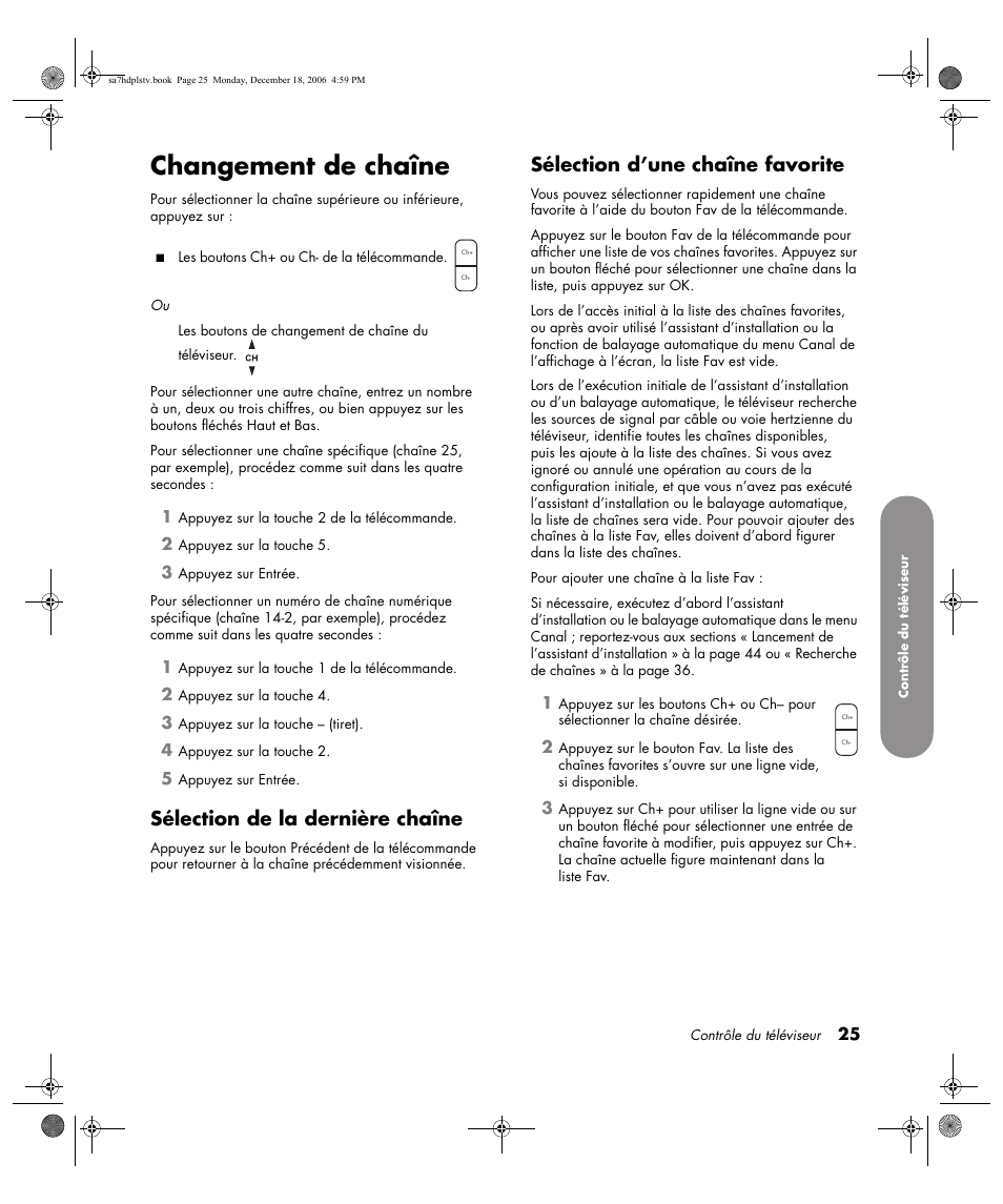 Changement de chaîne, Sélection de la dernière chaîne, Sélection d’une chaîne favorite | HP PL4272N User Manual | Page 99 / 198