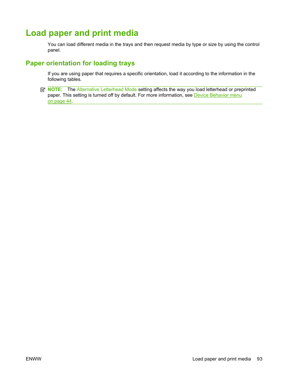 Load paper and print media, Paper orientation for loading trays | HP CM3530 User Manual | Page 107 / 302