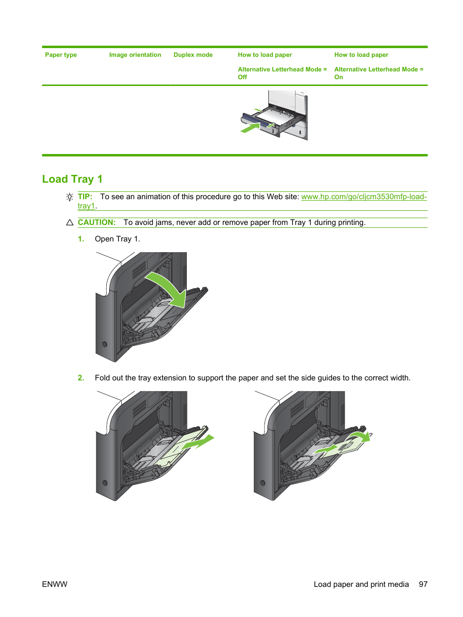 Load tray 1 | HP CM3530 User Manual | Page 111 / 302