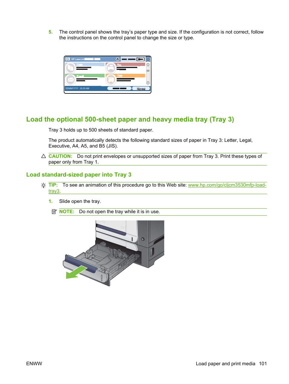 Load standard-sized paper into tray 3 | HP CM3530 User Manual | Page 115 / 302