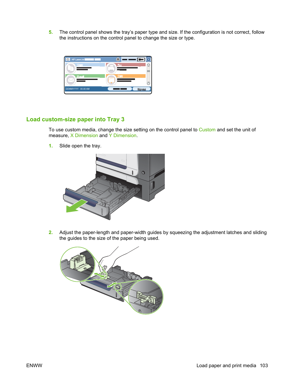 Load custom-size paper into tray 3 | HP CM3530 User Manual | Page 117 / 302