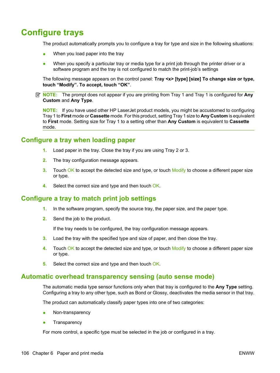 Configure trays, Configure a tray when loading paper, Configure a tray to match print job settings | HP CM3530 User Manual | Page 120 / 302