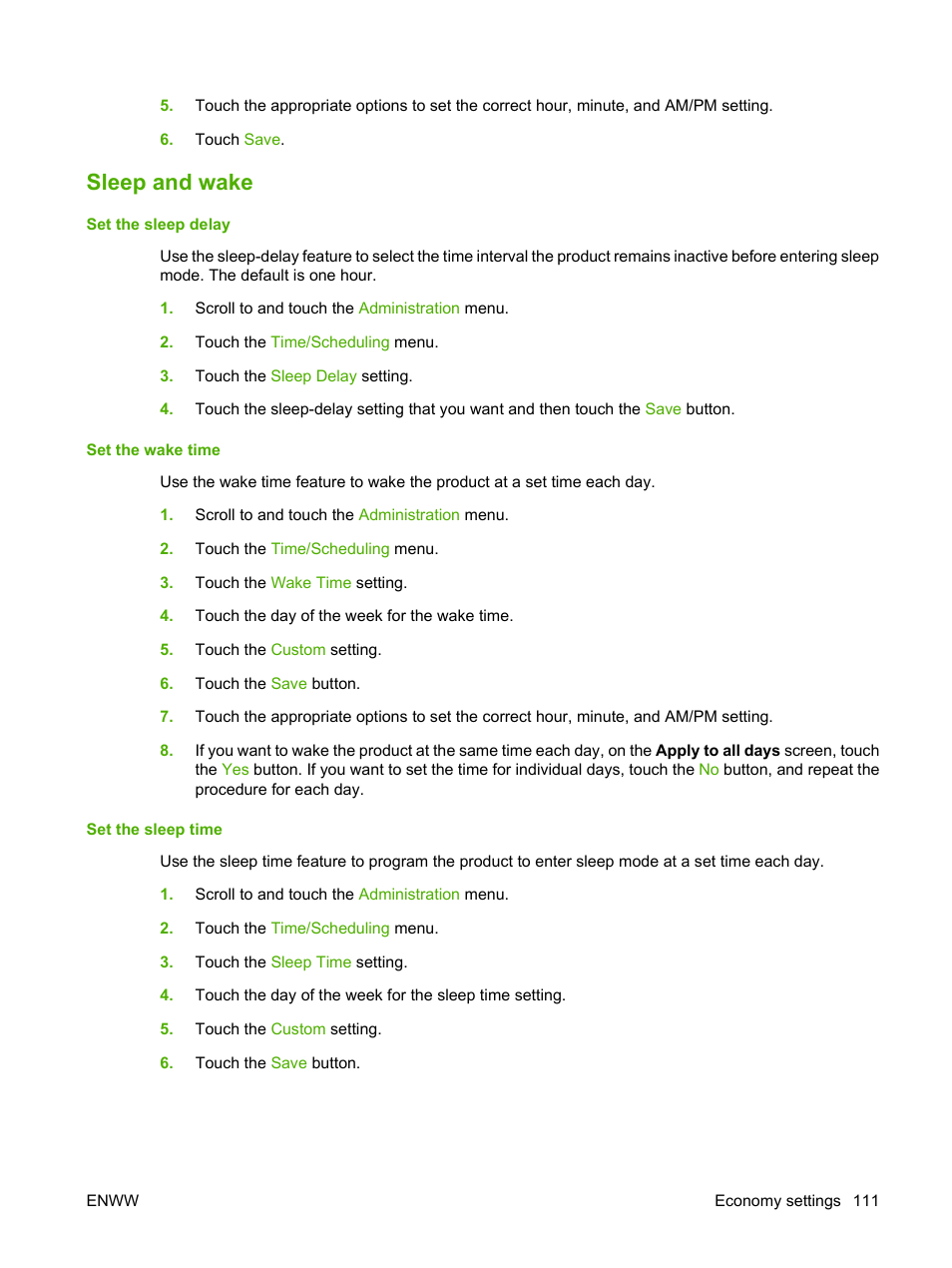 Sleep and wake | HP CM3530 User Manual | Page 125 / 302