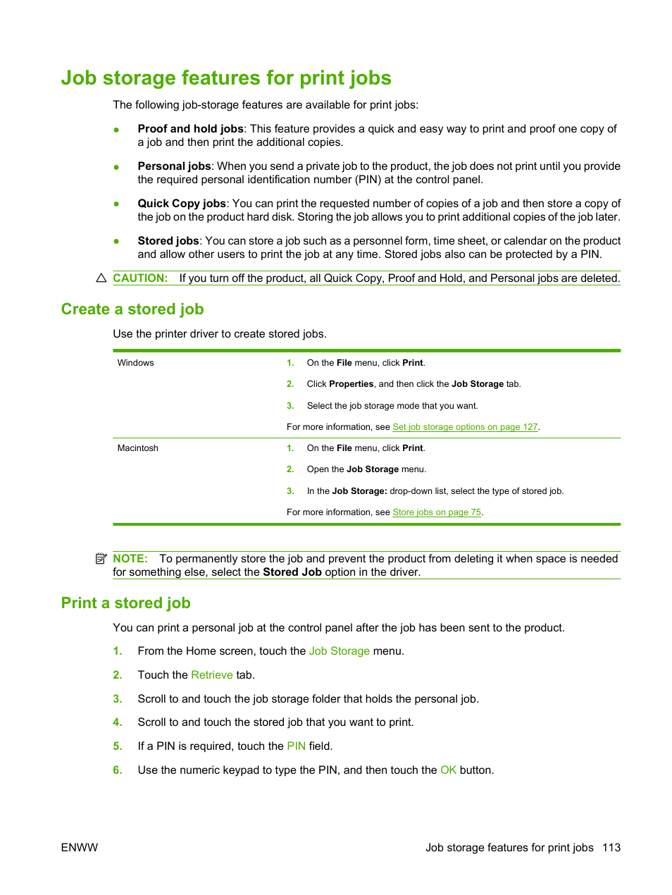 Job storage features for print jobs, Create a stored job, Print a stored job | Create a stored job print a stored job | HP CM3530 User Manual | Page 127 / 302