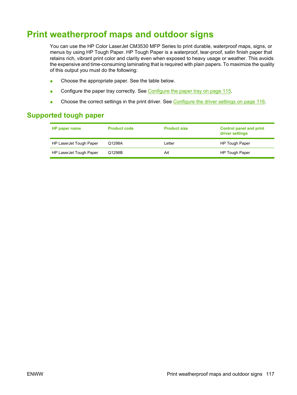 Print weatherproof maps and outdoor signs, Supported tough paper | HP CM3530 User Manual | Page 131 / 302