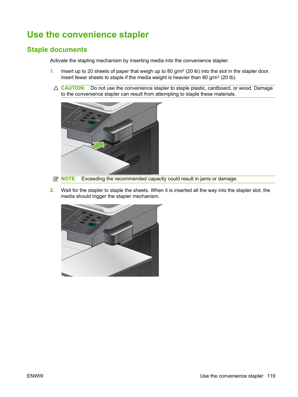 Use the convenience stapler, Staple documents | HP CM3530 User Manual | Page 133 / 302