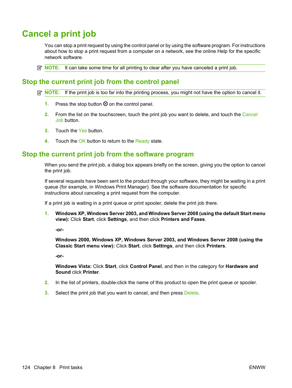 Cancel a print job, Stop the current print job from the control panel | HP CM3530 User Manual | Page 138 / 302