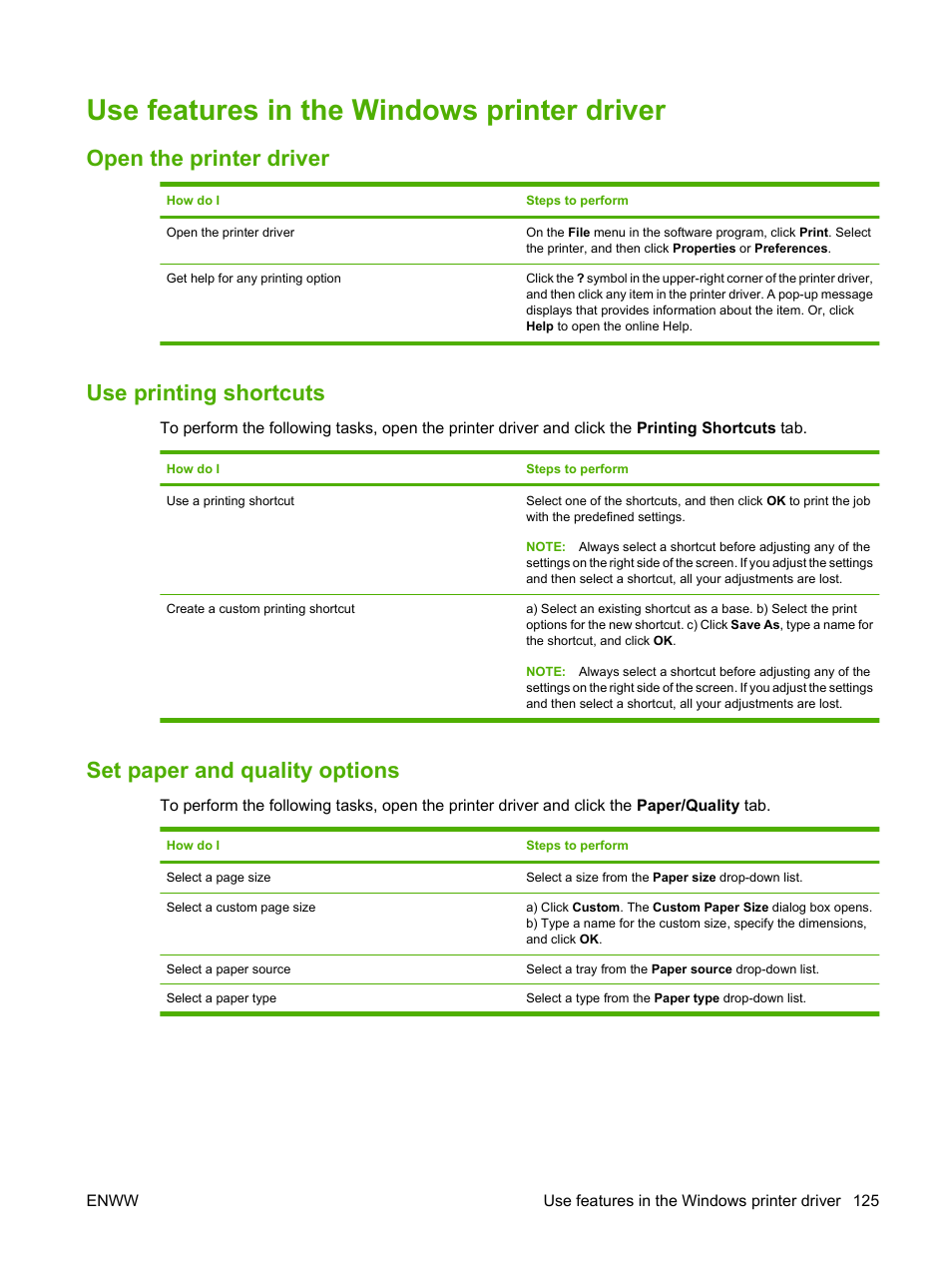 Use features in the windows printer driver, Open the printer driver, Use printing shortcuts | Set paper and quality options | HP CM3530 User Manual | Page 139 / 302