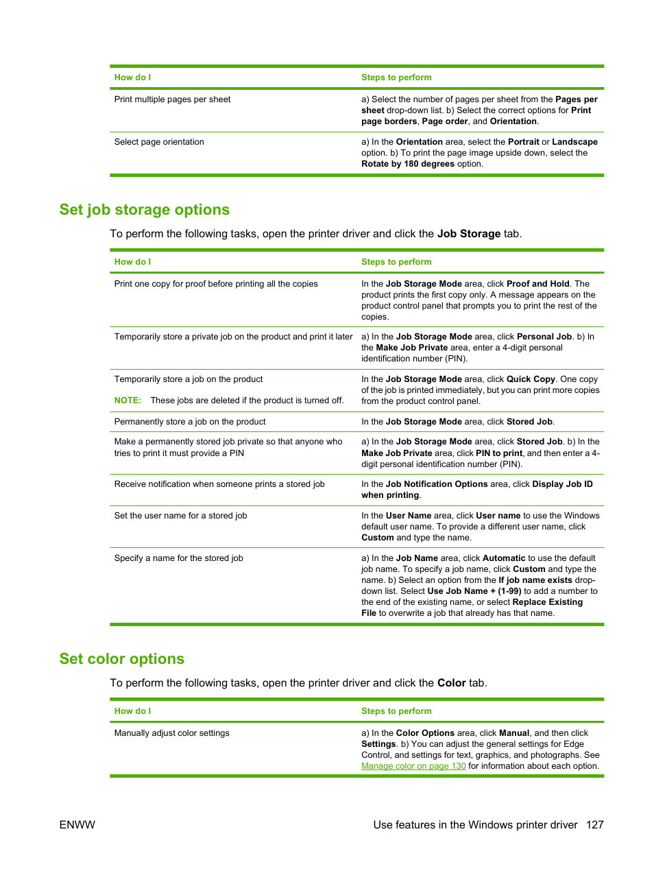 Set job storage options, Set color options, Set job storage options set color options | HP CM3530 User Manual | Page 141 / 302