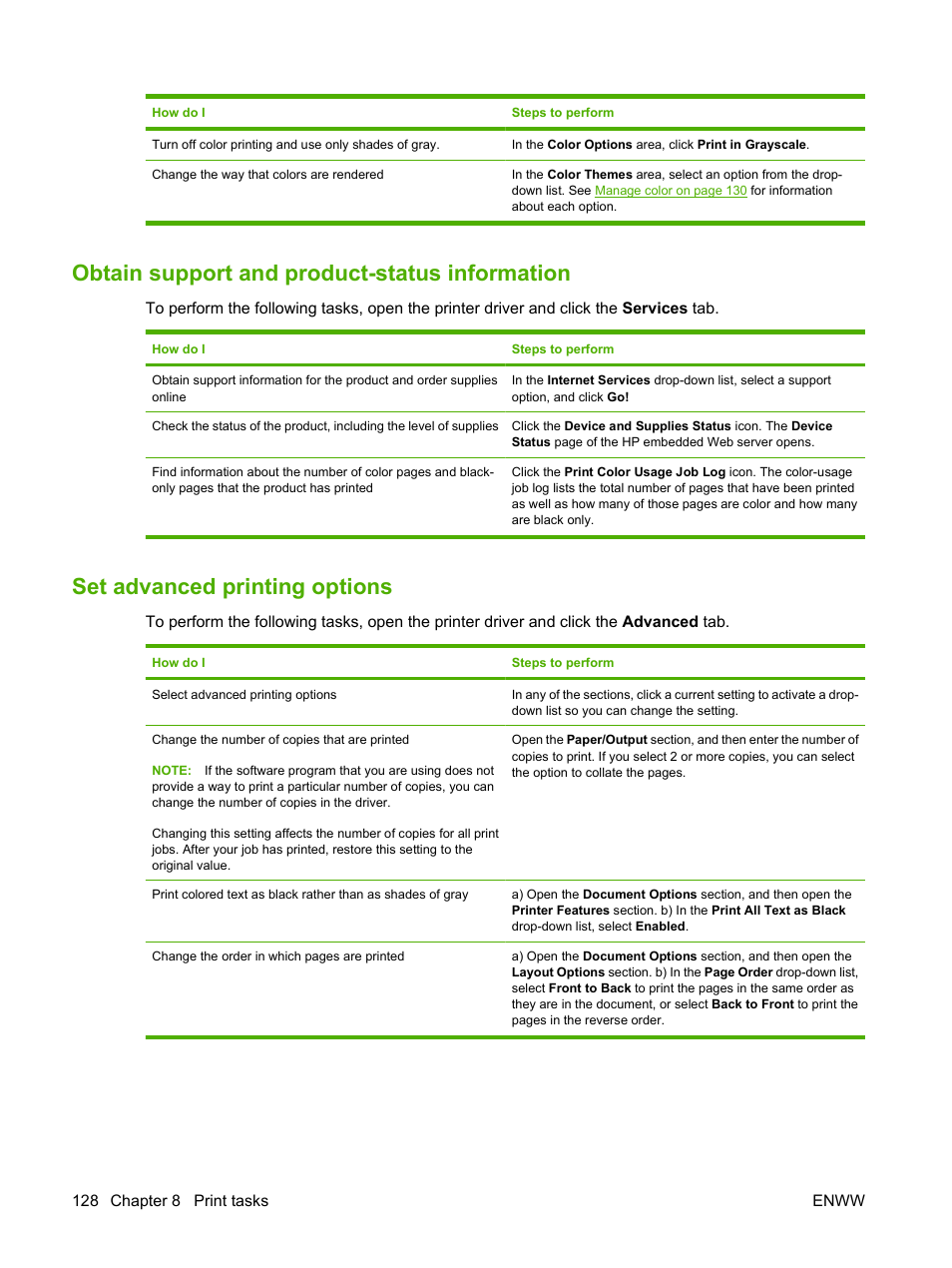 Obtain support and product-status information, Set advanced printing options | HP CM3530 User Manual | Page 142 / 302