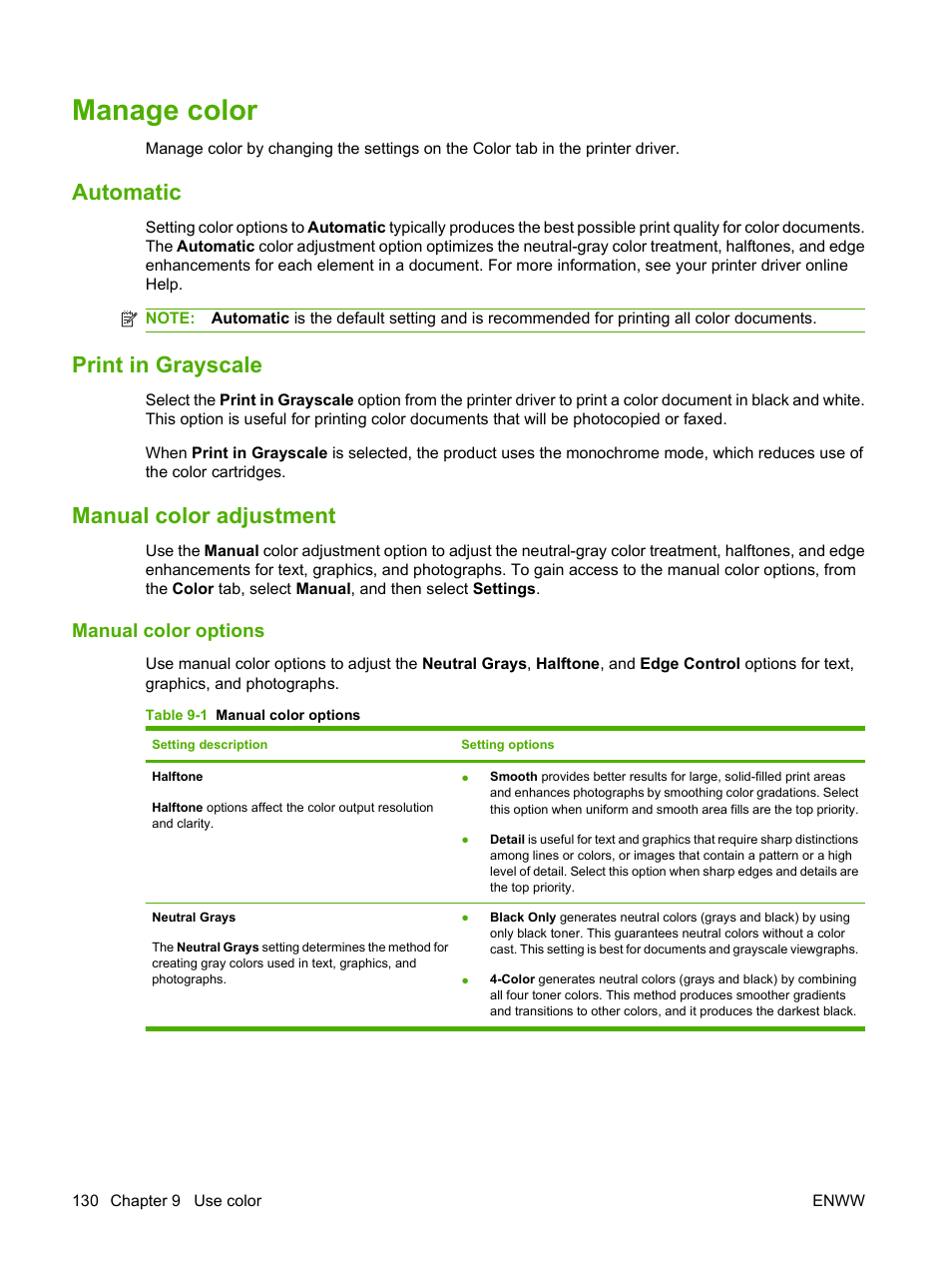 Manage color, Automatic, Print in grayscale | Manual color adjustment, Manual color options | HP CM3530 User Manual | Page 144 / 302
