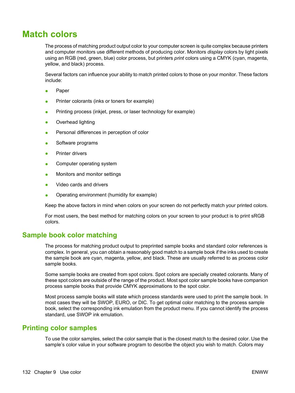 Match colors, Sample book color matching, Printing color samples | Sample book color matching printing color samples | HP CM3530 User Manual | Page 146 / 302